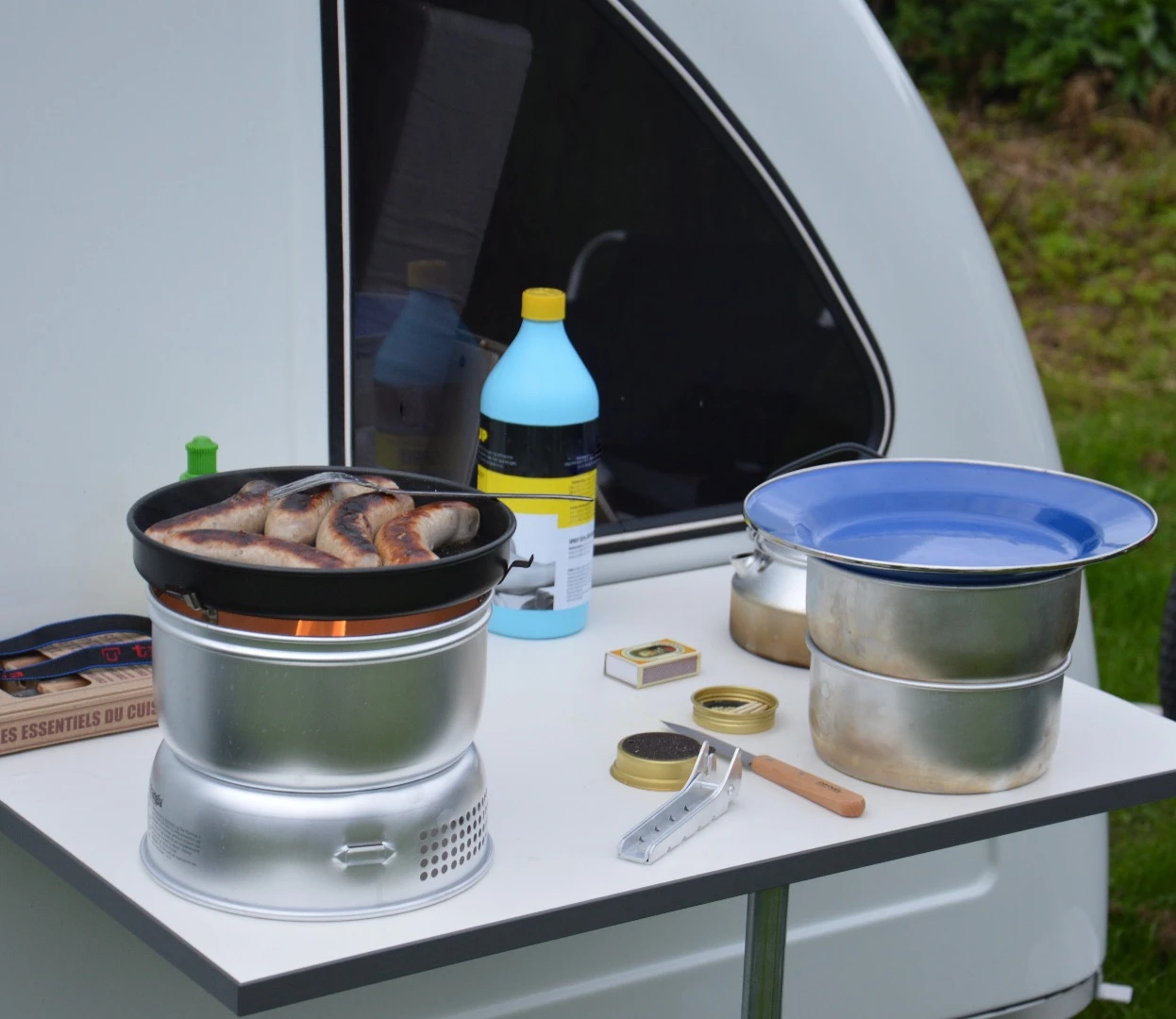 There's no room for a kitchen inside the Homie so cooking must be done outside