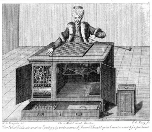 A copper engraving of the Turk showing working parts