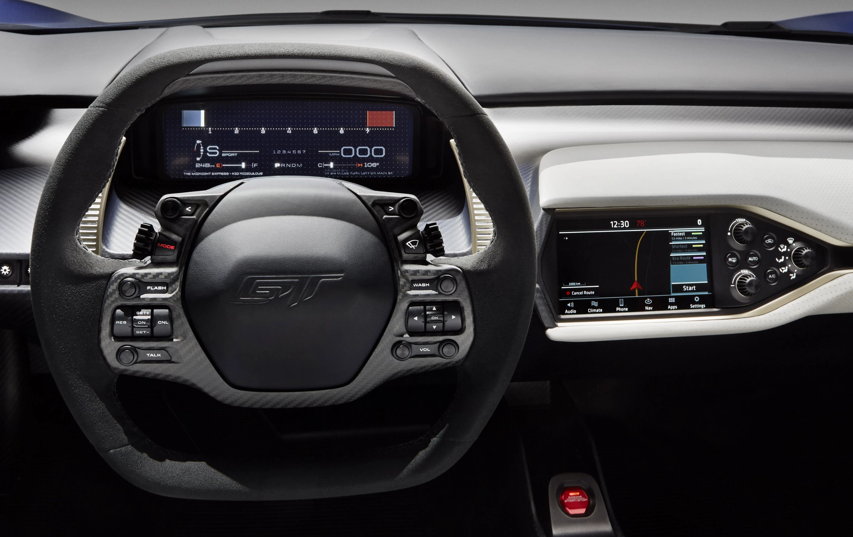 An F1-style steering wheel integrates all necessary driver controls, creating a stalkless steering column that allows uncluttered access to the transmission paddle-shift controls. A fully digital and configurable instrument cluster provides a wealth of driver-focused data. The display is configurable for multiple driving environments and different driving modes.