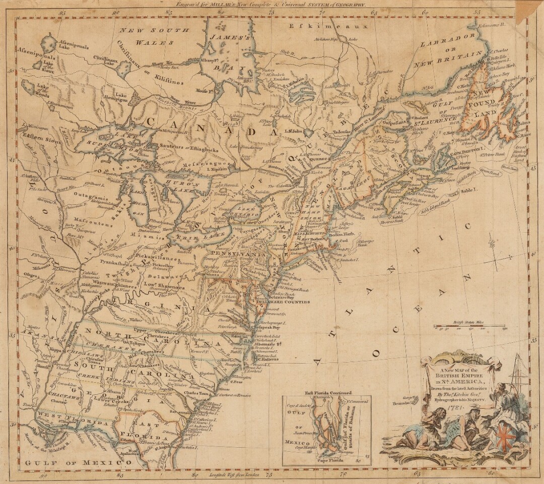 This Revolutionary War map of the British Colonies in North America is estimated to sell for between $2,000 and $3,000. The map was originally drawn in 1776 (though this printing was later) and covers the region east of the Mississippi and from James Bay to the Gulf of Mexico with the inset showing southern Florida.