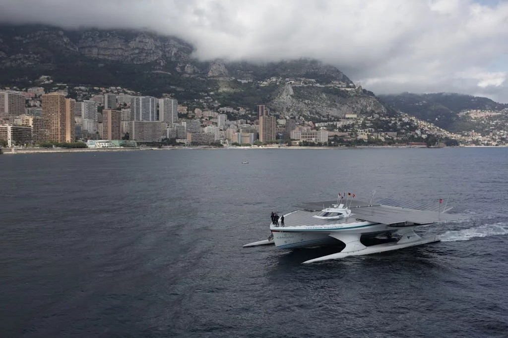 The TURANOR PlanetSolar, as it enters Monaco's Hercule Harbor