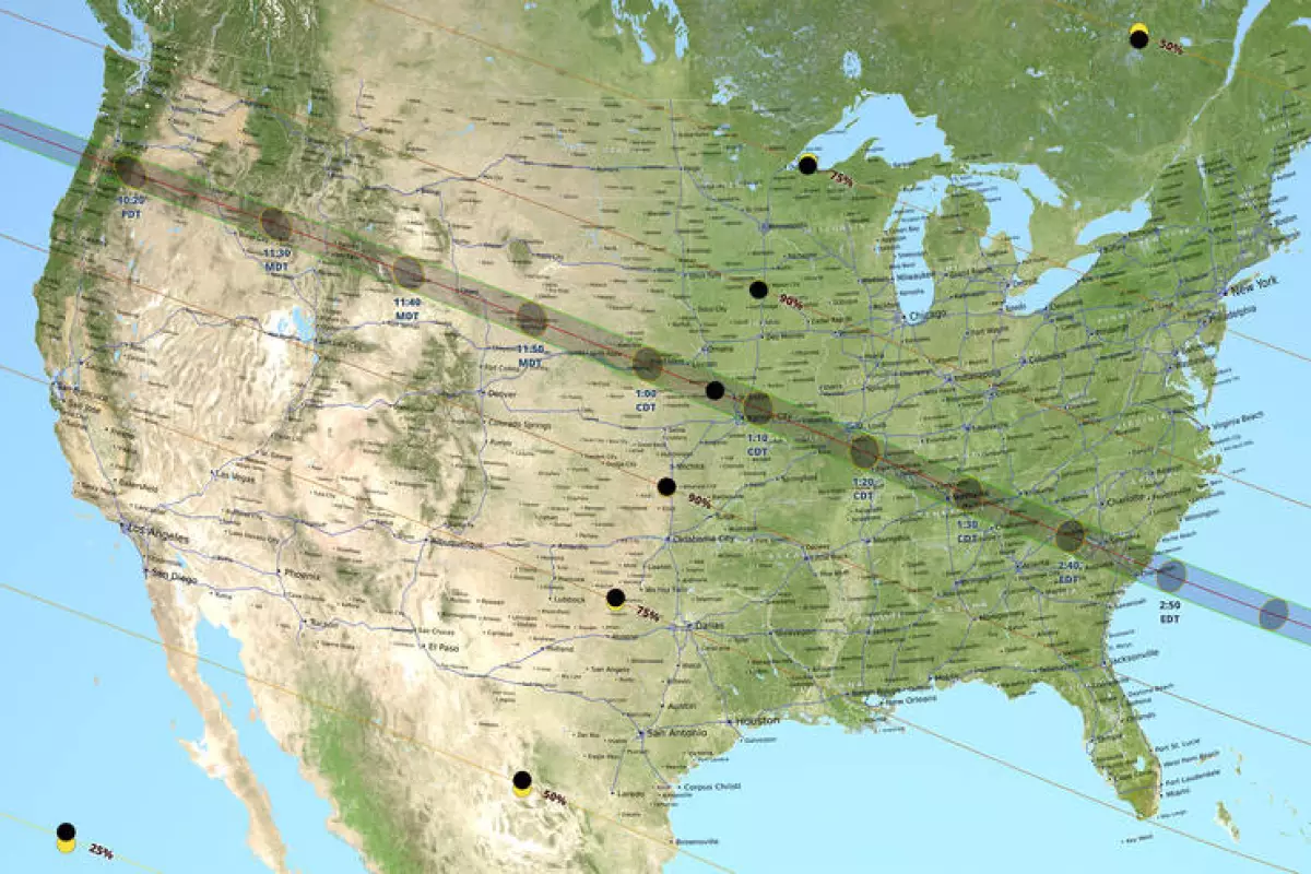 The path of the Moon's shadow moving across the United States during the during this year's total solar eclipse, also known as the path of totality, has been visualized using data from the Lunar Reconnaissance Orbiter and Earth-based topography information