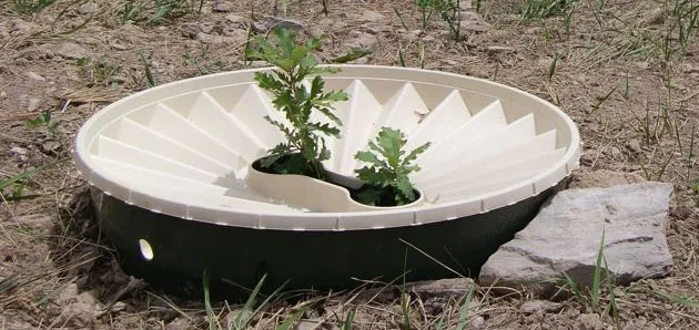 The Groasis Waterboxx is a low-tech device that helps saplings grow into trees in inhospitable environments