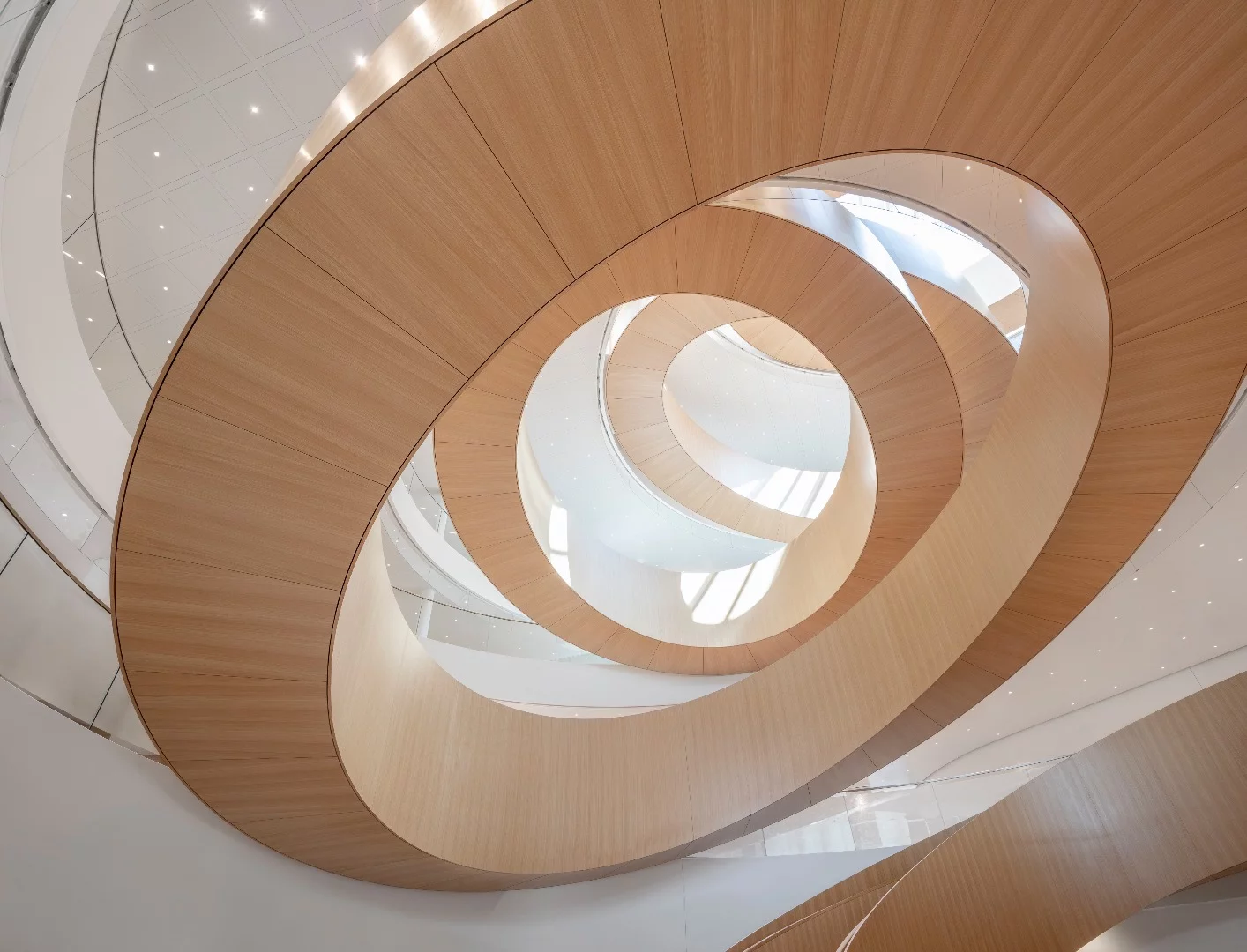 The Olympic House's interior is centered around a large staircase that connects all five floors through a central atrium