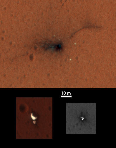 Composite of the ExoMars Schiaparelli module elements seen by NASA’s Mars Reconnaissance Orbiter High Resolution Imaging Science Experiment (HiRISE) on 1 November 2016