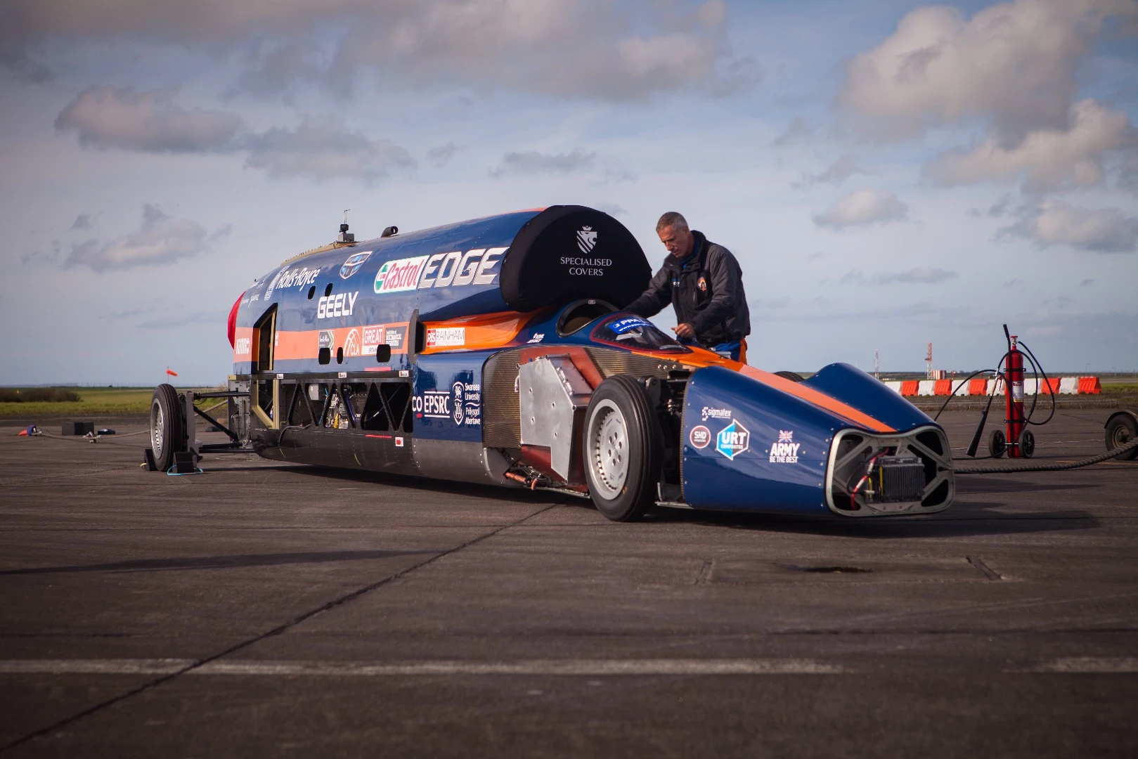 The car was initially fitted with a jet engine for this first run but an additional rocket is being developed to get it going even faster