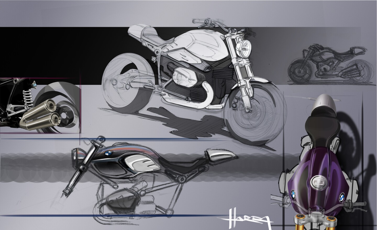 Design sketches from BMW Motorrad's design process which led to the R NineT production model