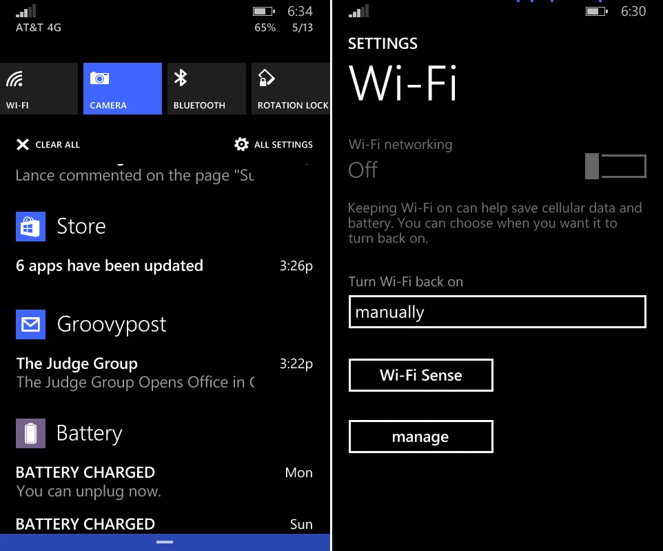 Disable Bluetooth and Wi-Fi from Action Center