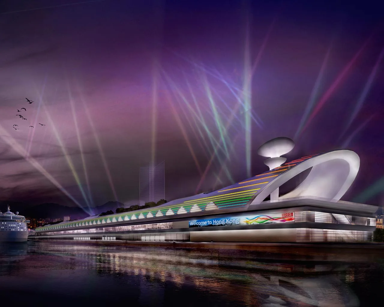 The Kai Tak Cruise Terminal with Hong Kong's Symphony of lights in the background (Image: Foster + Partners)