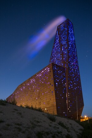The Energy Tower has a perforated skin through which lighting glows at night