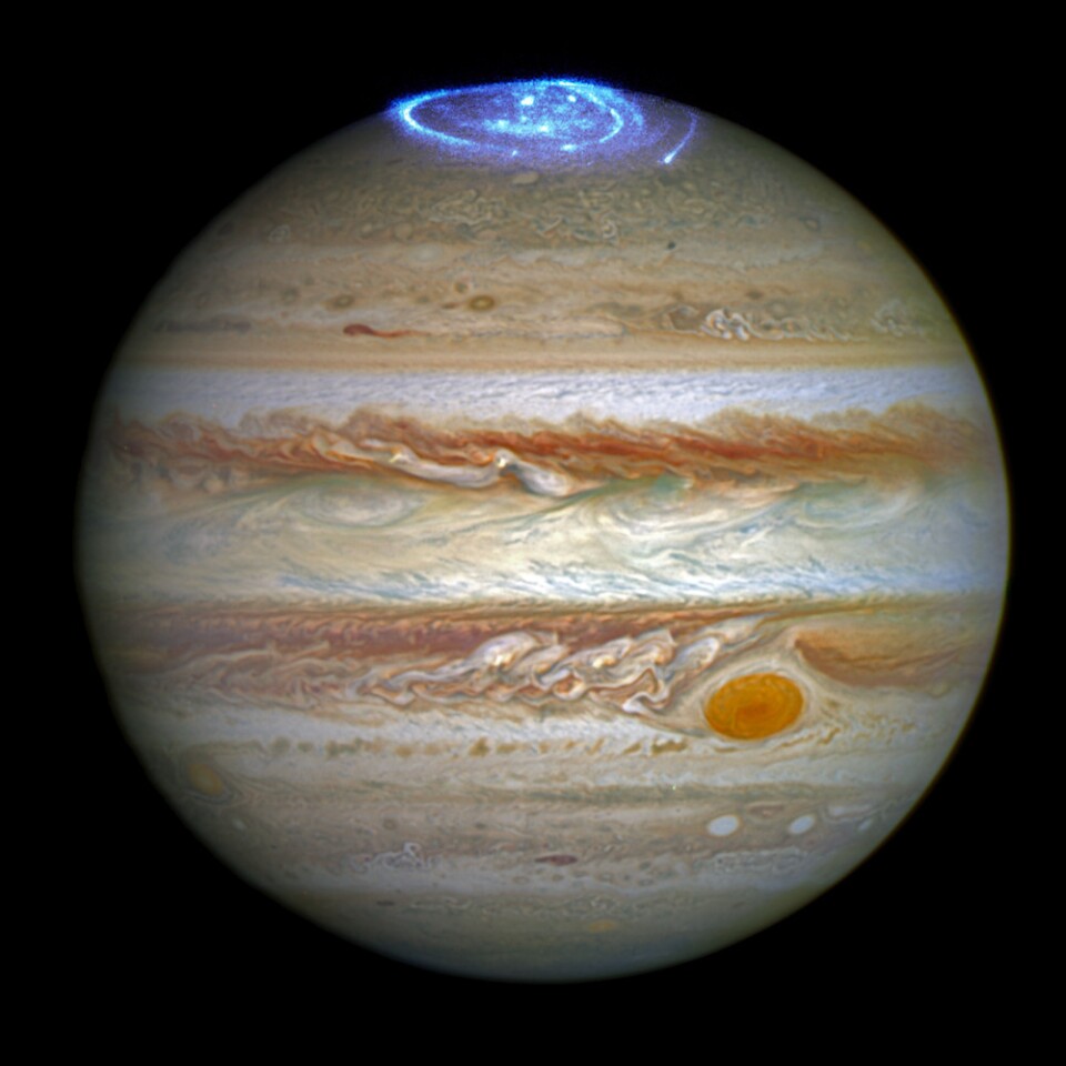This composite image shows an aurora at Jupiter's pole that measures roughly the same size as Earth