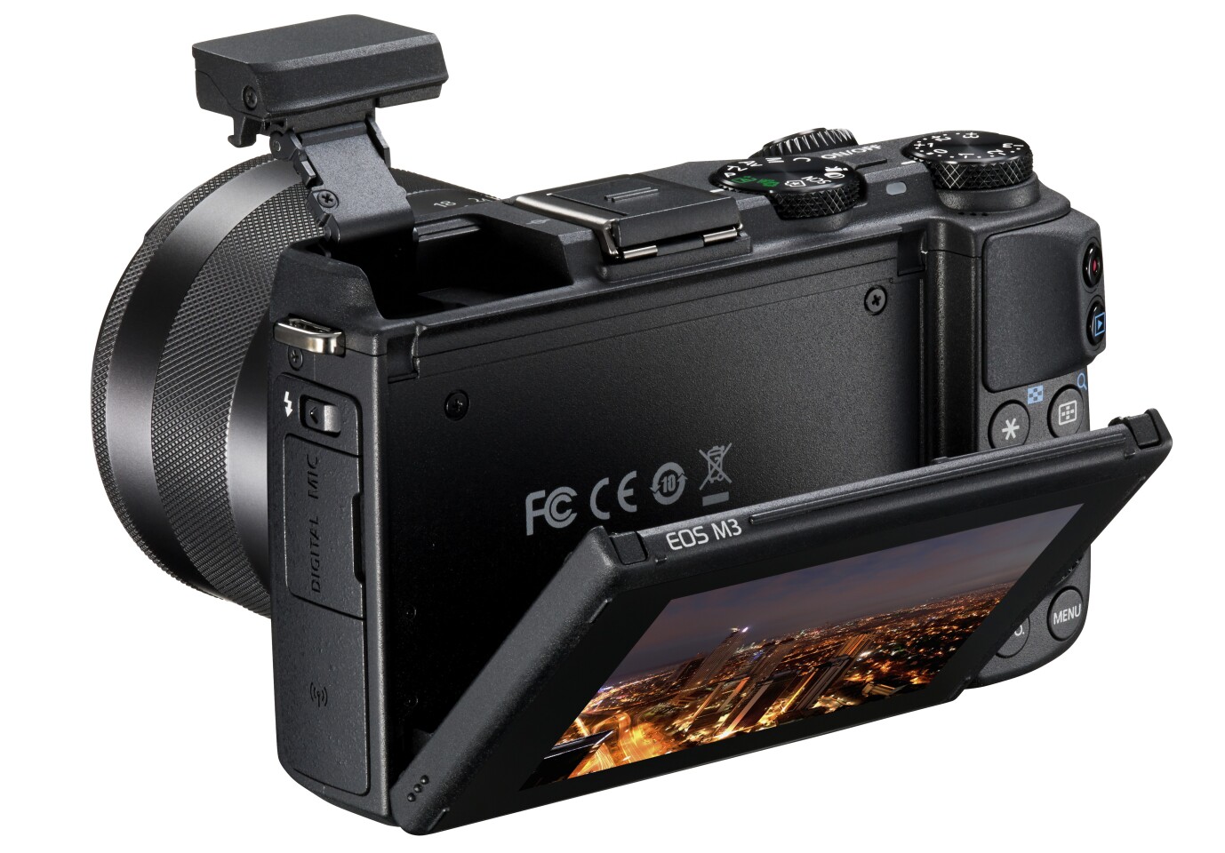 The rear 3-inch touchscreen monitor of the Canon EOS M3 has 1,040k dots and can be angled for awkward or selfie shooting