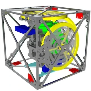 The robot measures 15 cm (5.9 in) per side and contains three "momentum wheels," each one powered by its own brushless motor, and each located on a different face of the cube
