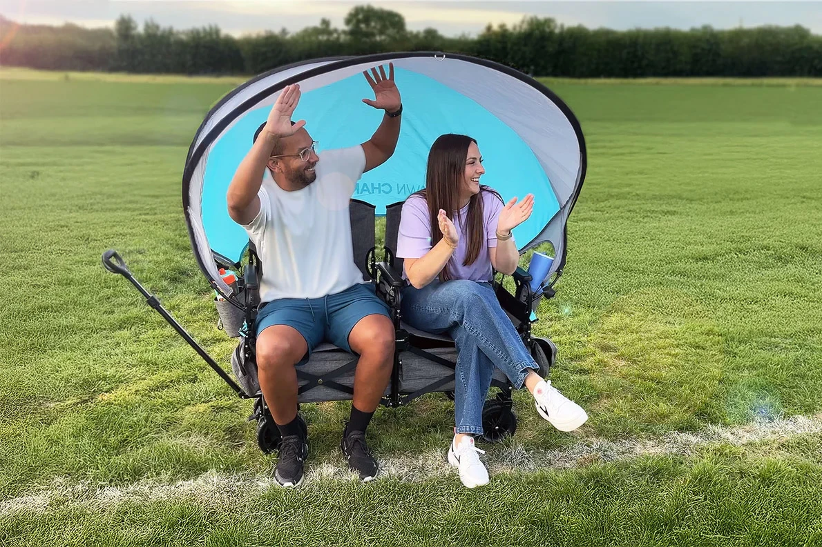 The Lawn Chariot's seats set up at a comfortable height for adults, and can accommodate storage underneath