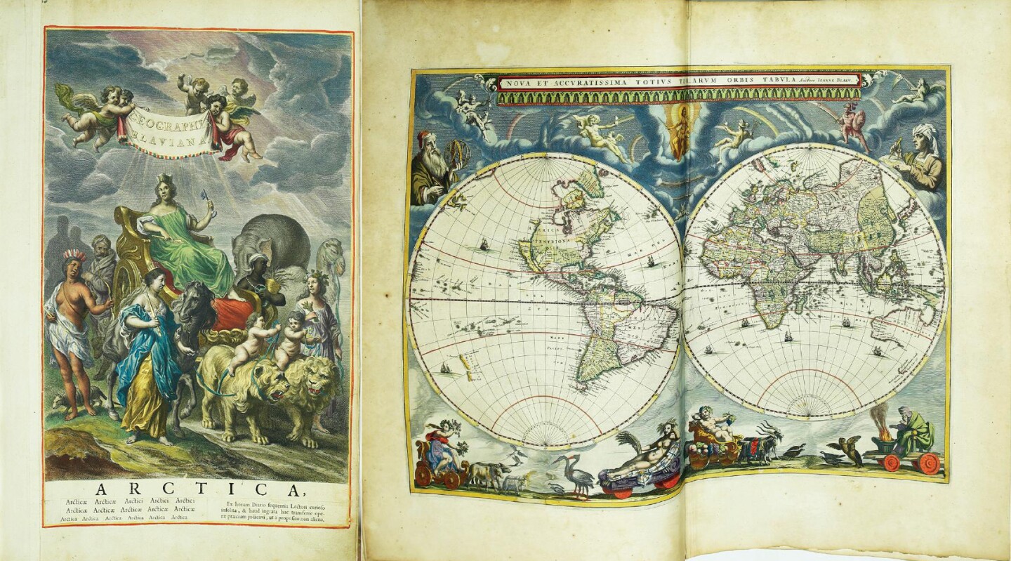 The Atlas Maior world map shows two hemispheres watched over by Ptolemy and Copernicus, with their conflicting geocentric and heliocentric views. Blaeu’s illustrations silently endorsed Copernicus’ heliocentric theories.