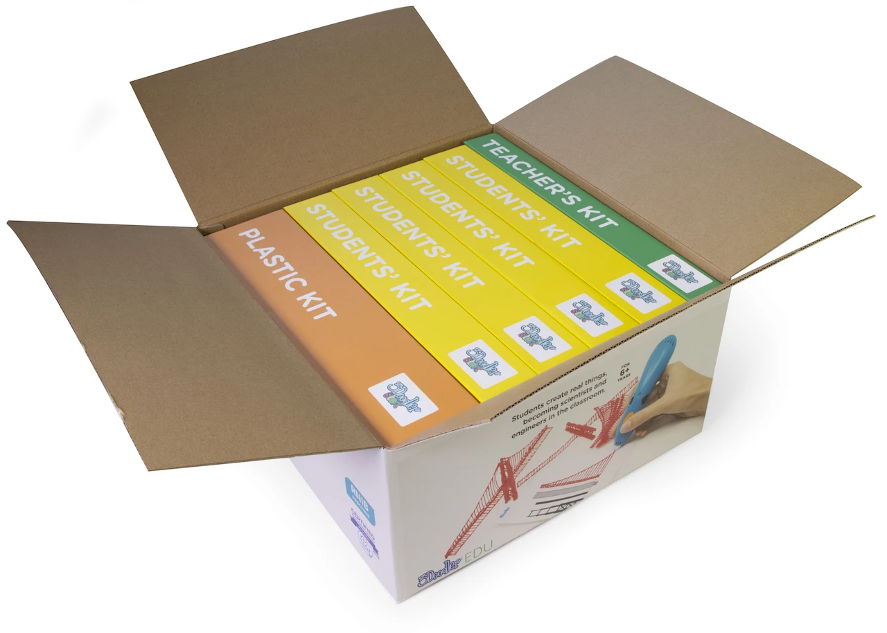 Each EDU pack comes with a Teacher Kit, Students Kits (which include 3Doodler pens) and a Plastics Kit
