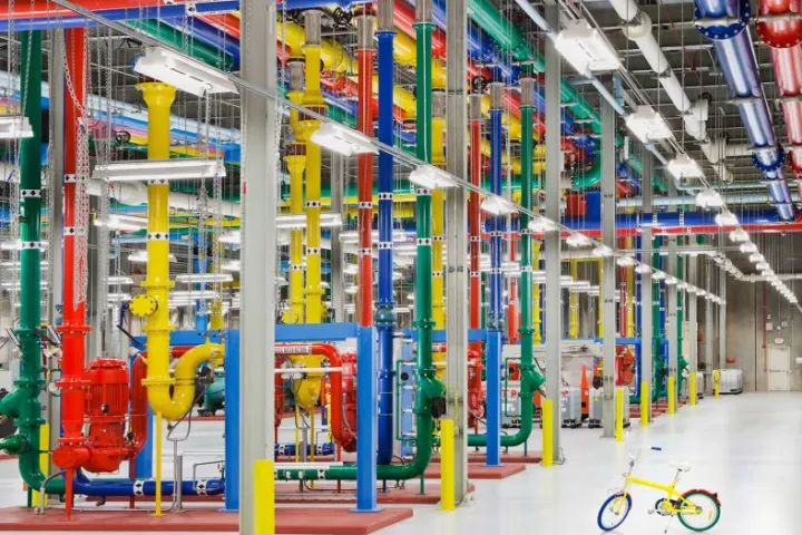 Color-coded pipes for the cooling system, and a G-Bike for employees to get around the facility