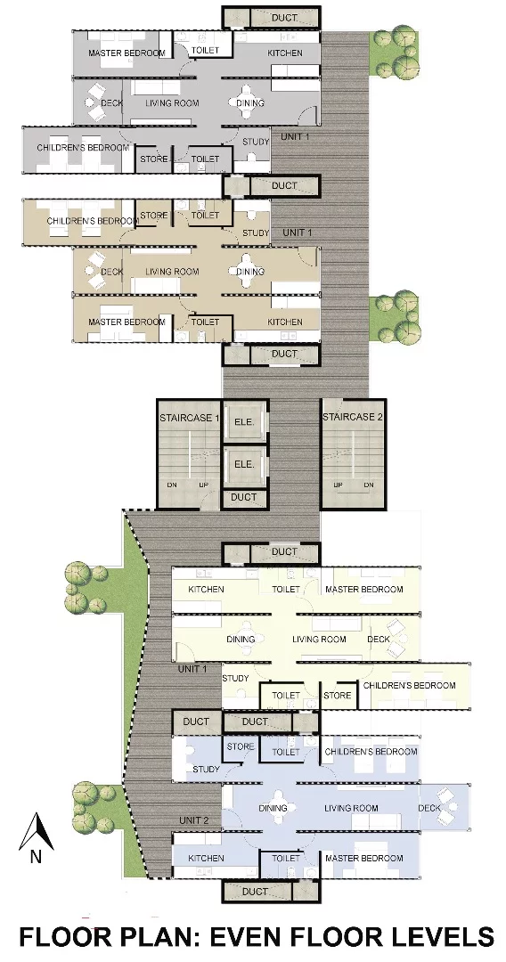 Each apartment would have two toilets, a kitchen, study, master bedroom and kid's bedroom, lounge, deck area, and dining area