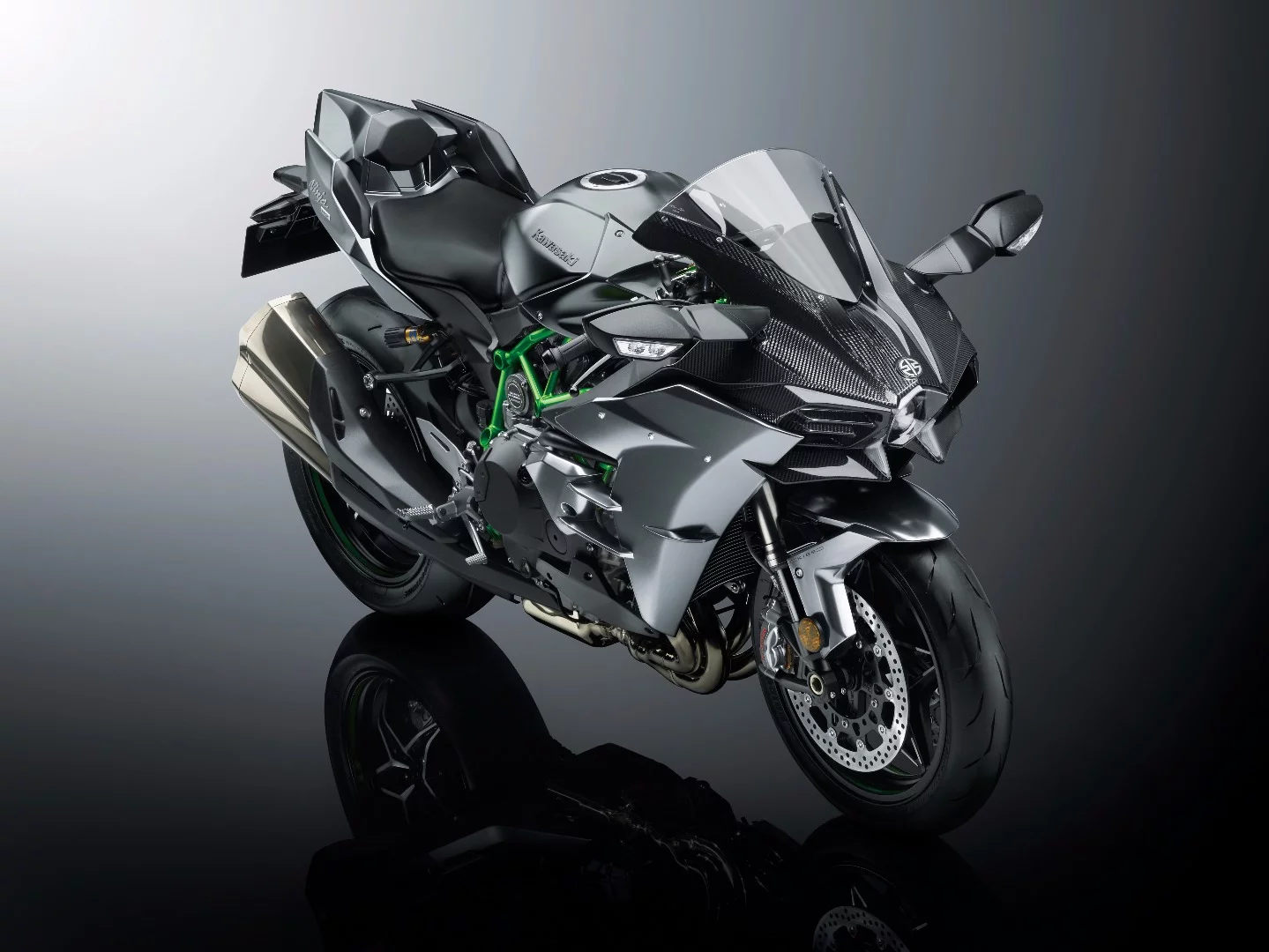The 2017 Kawasaki H2 Carbon in the coveted Mirror Coated Matte Spark Black color