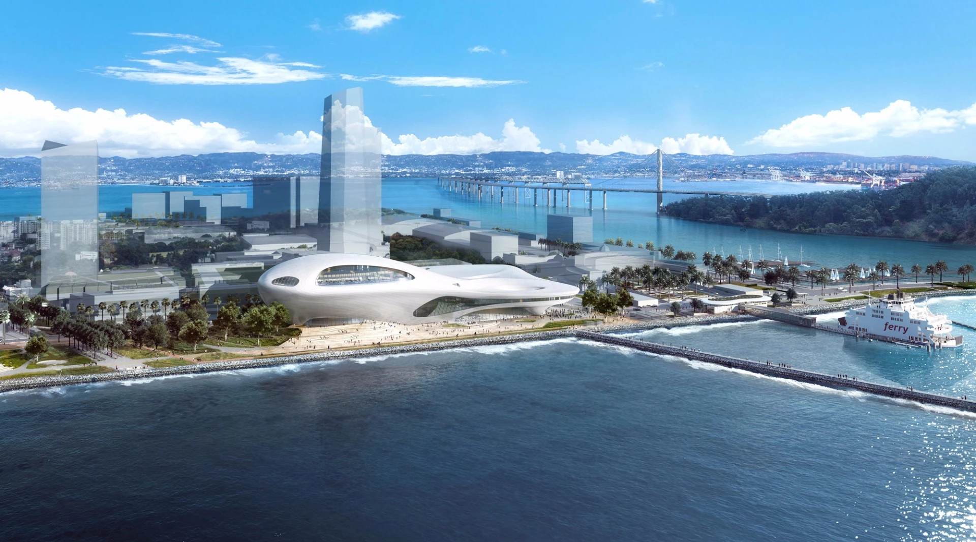 The San Francisco concept for the Lucas Museum of Narrative Art shows large expanses of glass that would offer visitors views out over the adjacent water