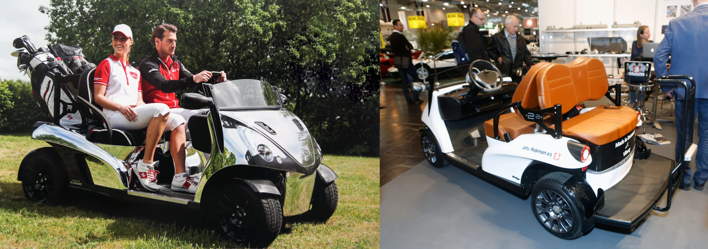 Danish-made Garia golf karts are electric, and come in more than a dozen styles with many remarkable options. The one at right has the high performance lithium battery and controller which gives it a top speed of 36 mph or a range of 45 miles. Bubba Watson has one and reckons he drives it more than his road car.