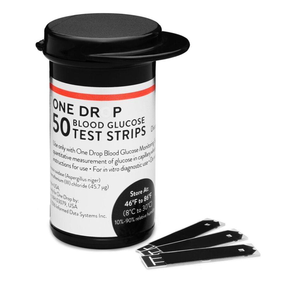 One Drop includes a delivery service for diabetes supplies like test strips, in monthly packs of 50, 100 or unlimited