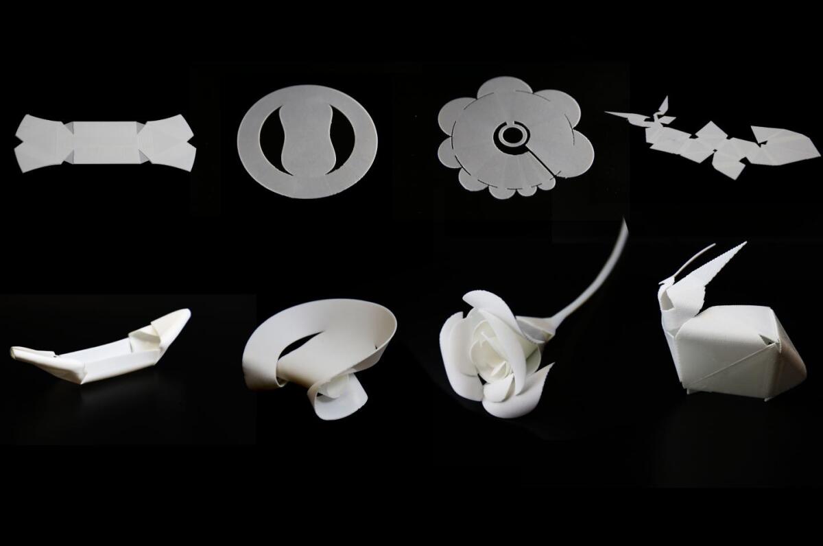 Some of the flat sheets created by Thermorph, and the objects that they folded into