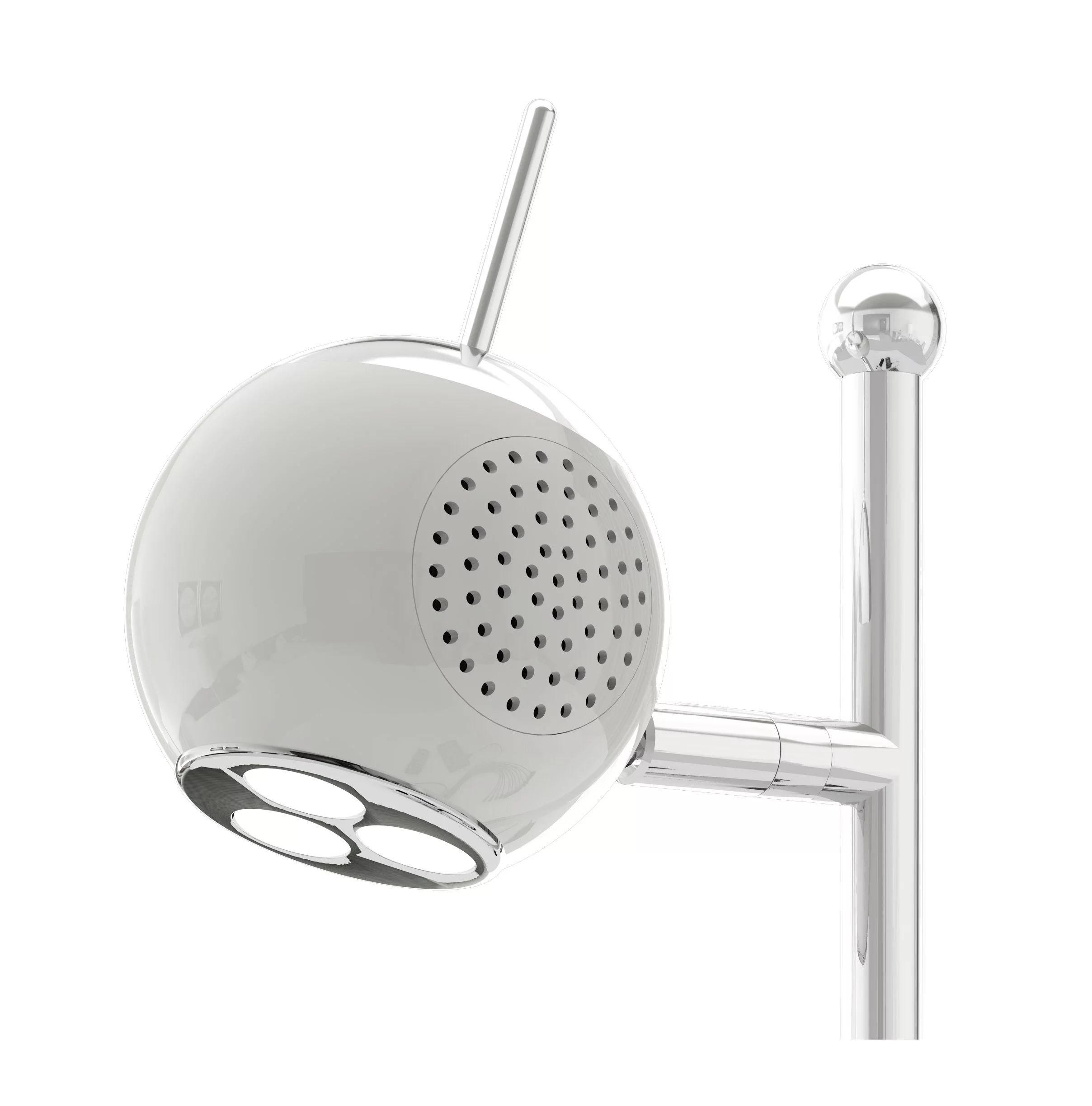 The angle-adjustable lamp casing also includes built-in stereo speakers for lsitening to a docked iPod/iPhone while it's charging