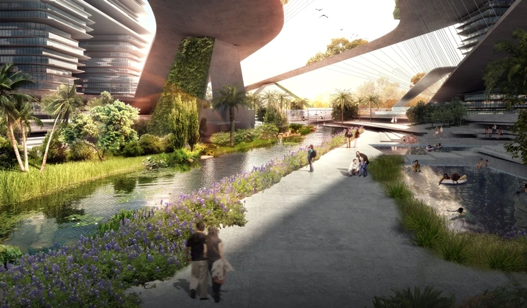 A view of a green space in the Cloud Citizen complex