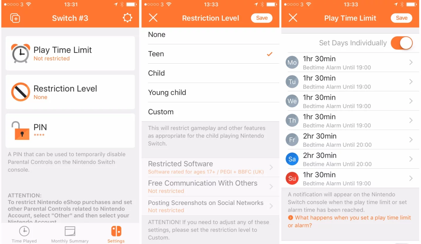 Some of the screens from the Nintendo Switch Parental Controls app