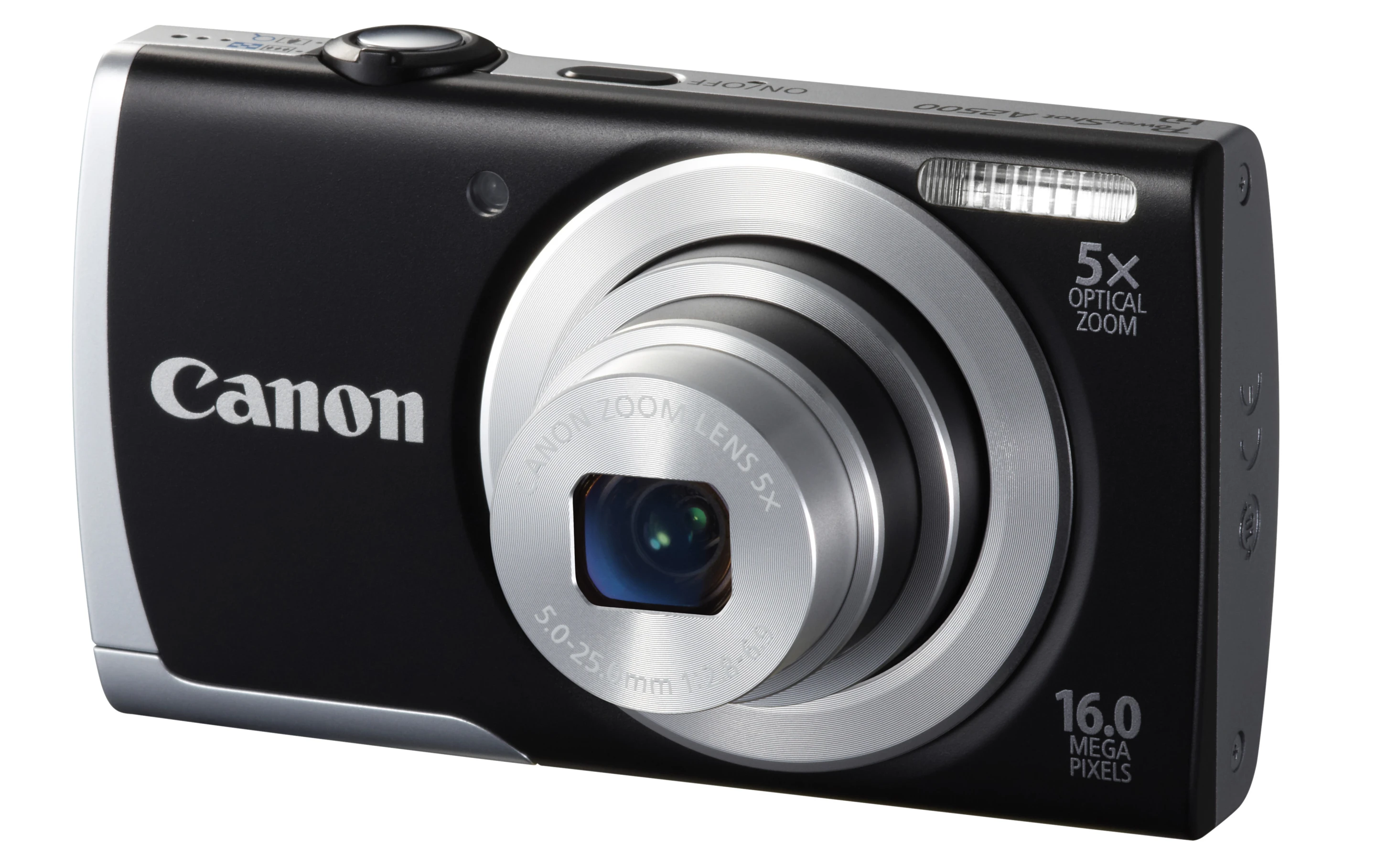 The Canon PowerShot A2500 combines a 16-megapixel CCD sensor with a 5X optical zoom