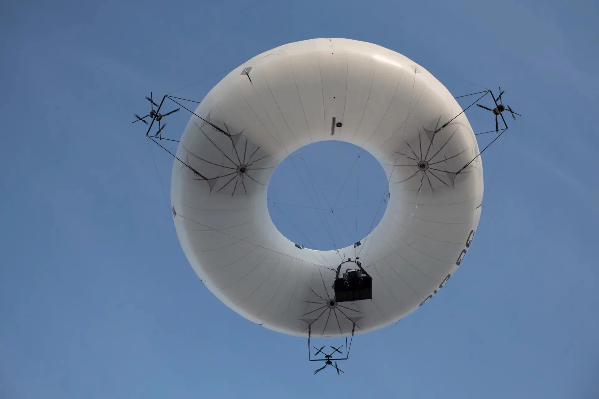 The vehicle is steered by three arrays of four propellers each