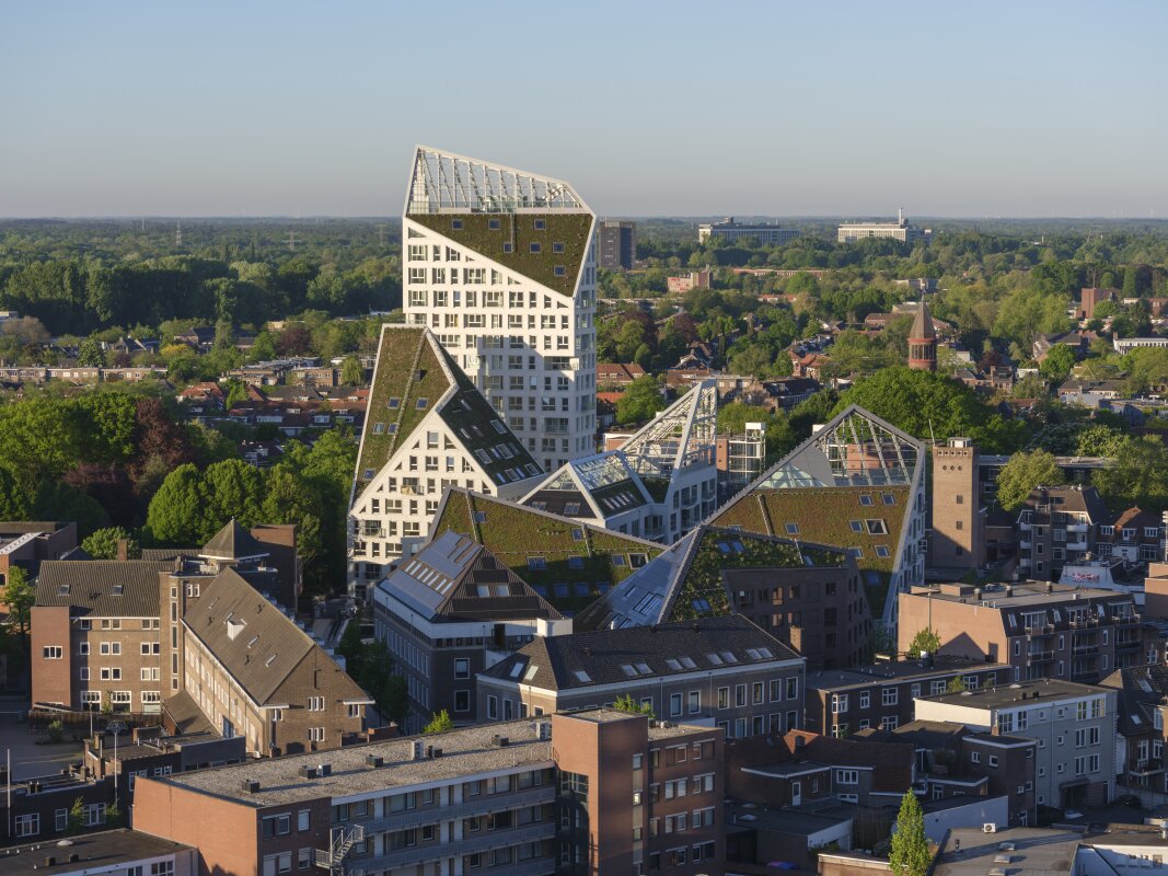 Angled green roofs reshape urban housing in the Netherlands