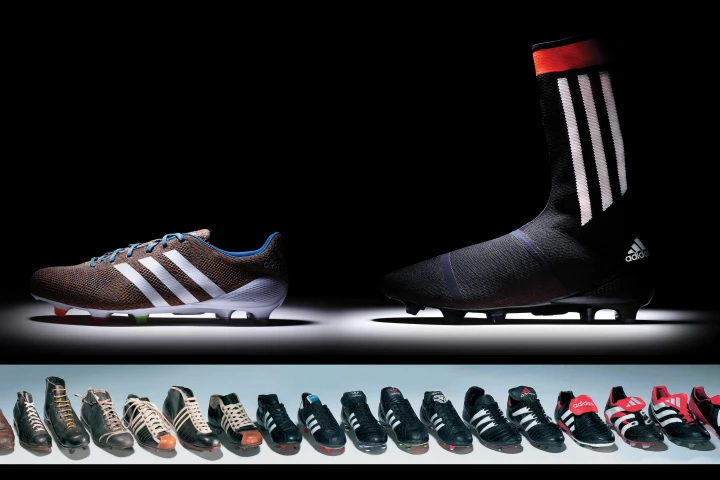 The EUR 300 Samba PrimeKnit (top left) will be released on Monday, March 17, 2014. No price or release date has yet been set for the all-in-one boot/sock hybrid Adidas PrimeKnit FS (top right), but it will go on sale during 2014. The inset is a pictorial history of Adidas' most important football boot releases over the last 50 years.