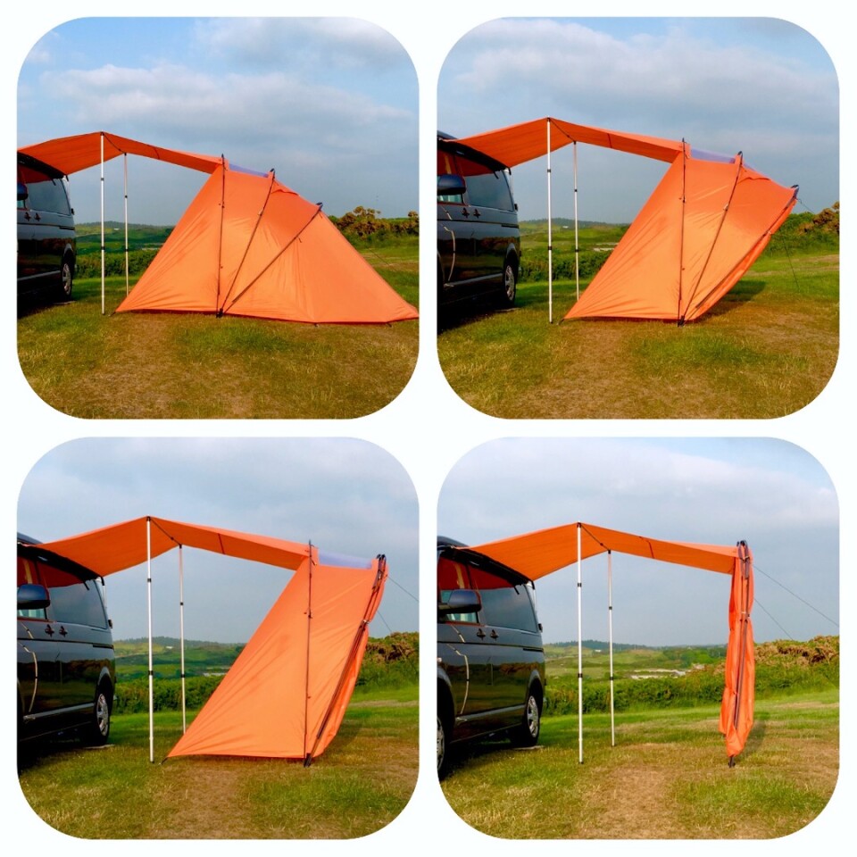 The retractable pole design provides four different rain fly configurations, managing weather protection with views as needed