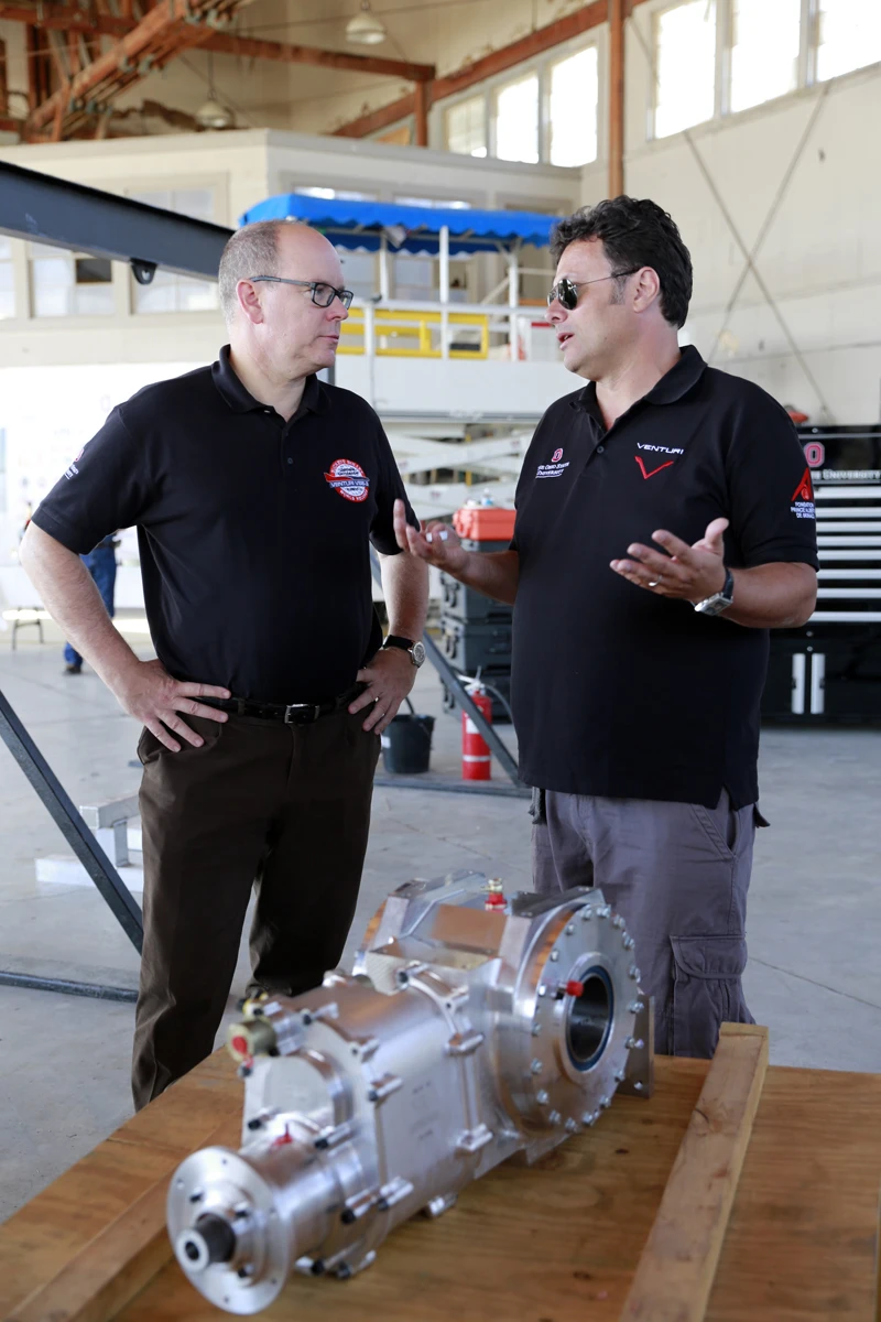A team member explains the technology to the Prince (Photo: Denis Boussard/Venturi Automobiles)