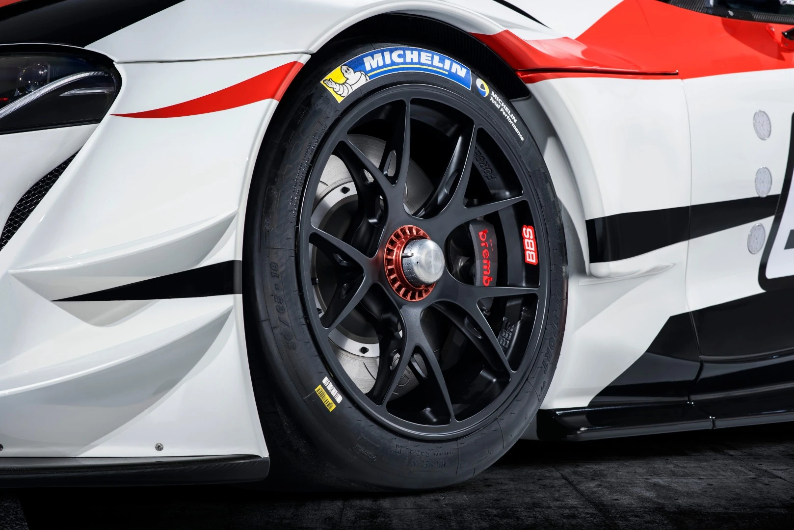 The wheels on the Toyota GR Supra Racing Concept are BBS racing units with center-nut attachments for pit changes