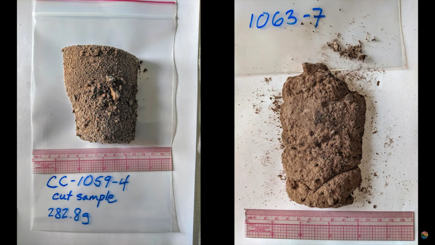 Two samples of the soil, as taken from the bottom of the large ice core