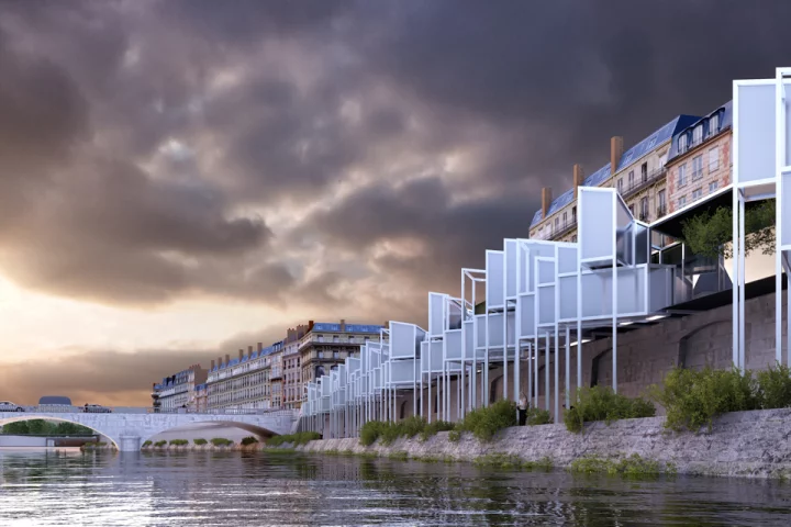 The EauBerge Paris Capsule Hotel would be located on the banks of the Seine river in Paris (Image: +imgs)