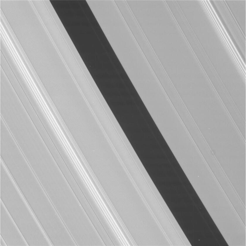 The Encke Gap splits Saturn's A ring in this Cassini image taken at 10:48 a.m. PDT on June 3