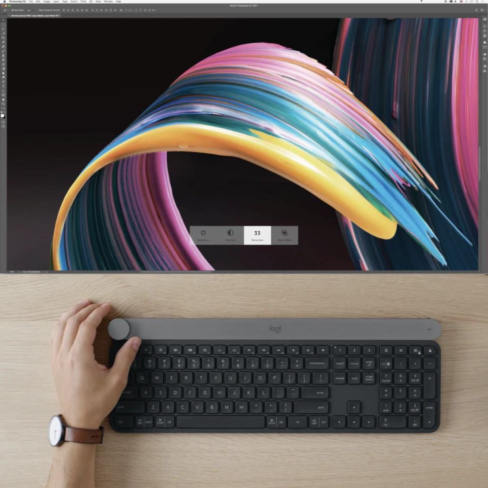 The idea is to use the Crown on the Craft keyboard to access key software functions or toolsets, use the full-size keyboard for typing and a mouse to navigate