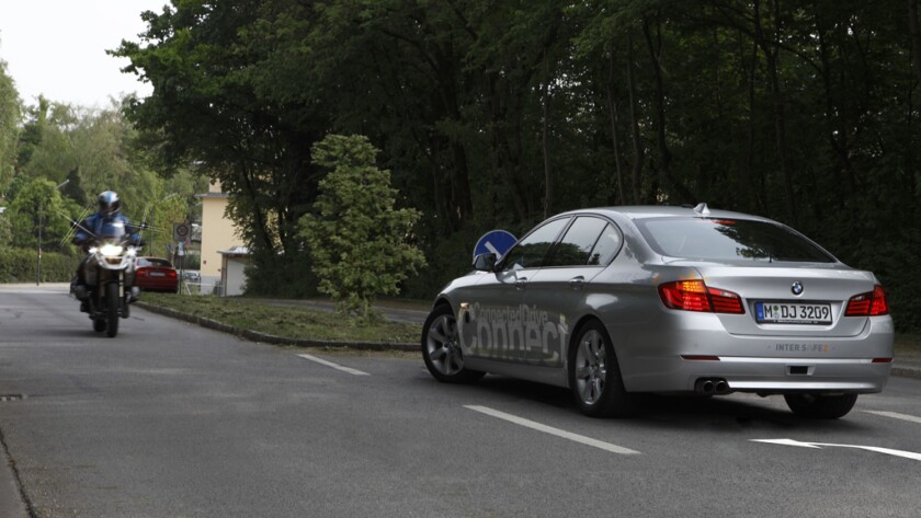 The left turn assistant is being tested on the BMW 5 Series test vehicle