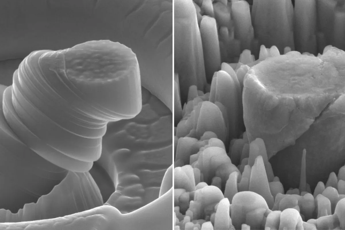A deformed sample of pure metal on the left, compared to the strong new metal made of magnesium with silicon carbide nanoparticles on the right