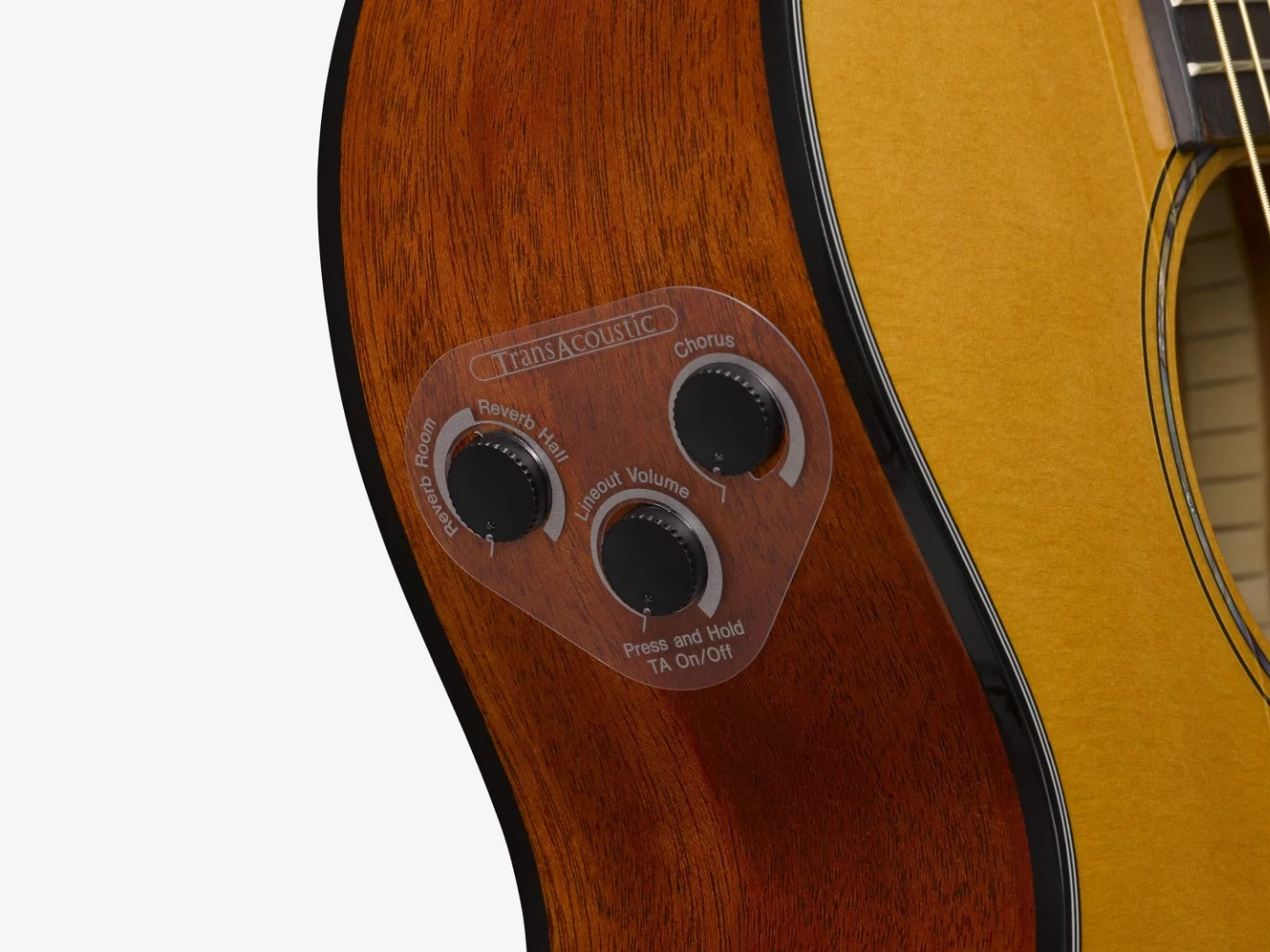 The TransAcoustic range of guitars feature three buttons to control the onboard effects