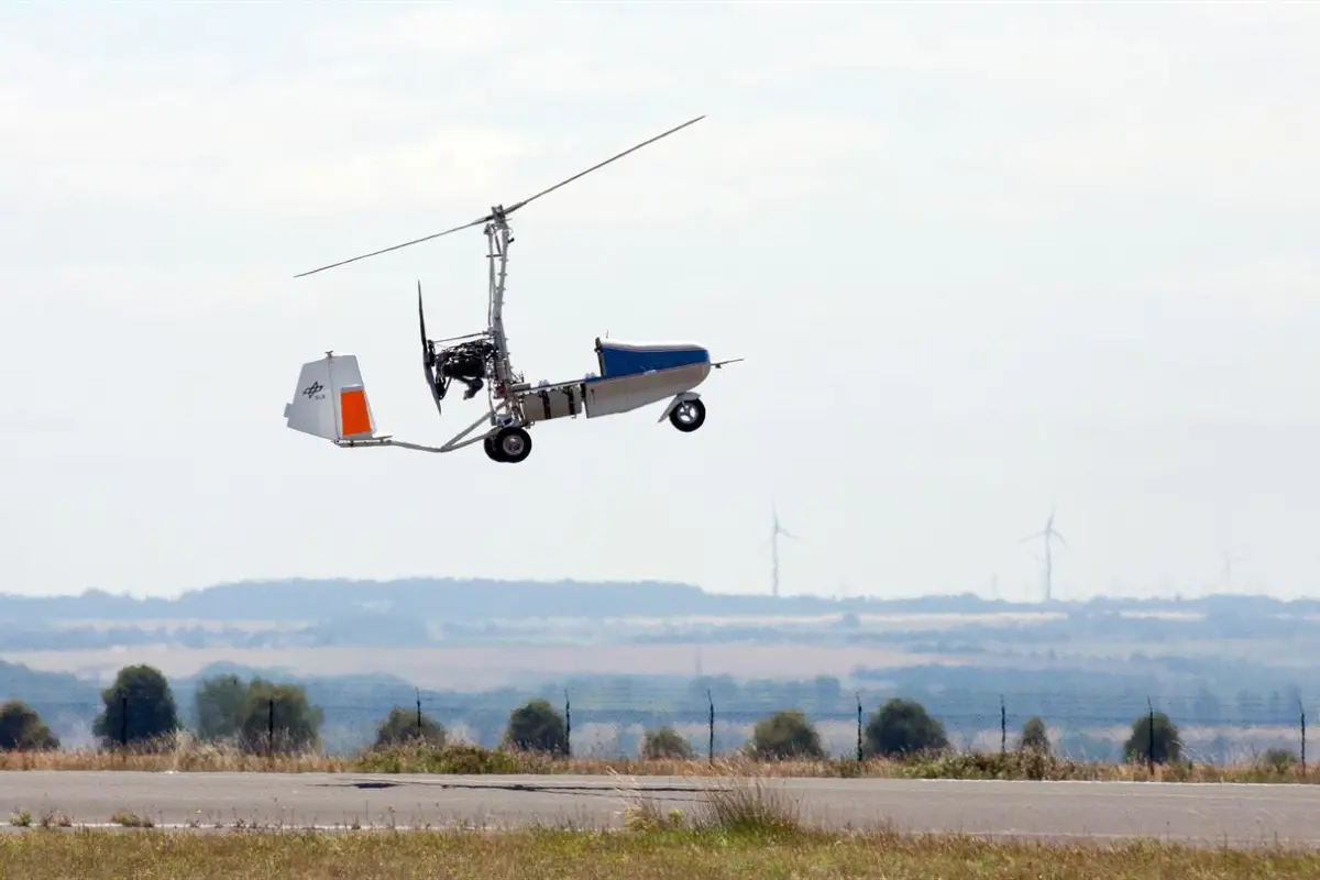The drone gyrocopter takes to the air over Cochstedt Airport, Germany