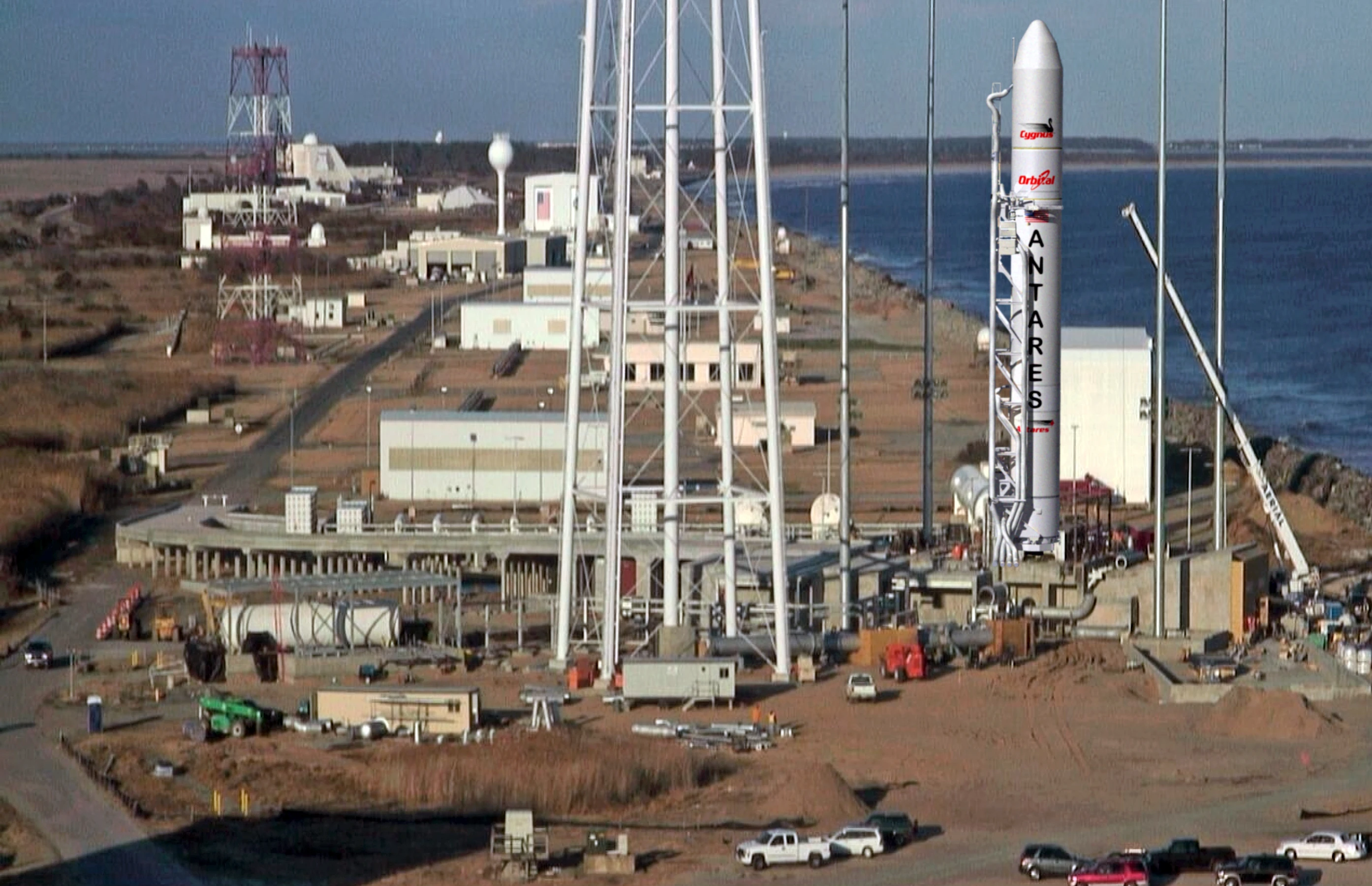 Aerial view of Wallops Island launch site(includes artist concept of rocket on pad) (Image: Orbital Sciences Corporation)