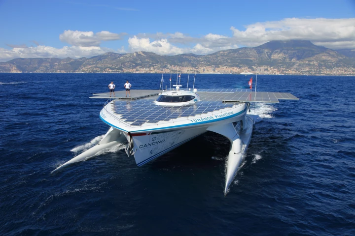 The TURANOR PlanetSolar embarks on its record breaking circumnavigation attempt (Image: PlanetSolar)