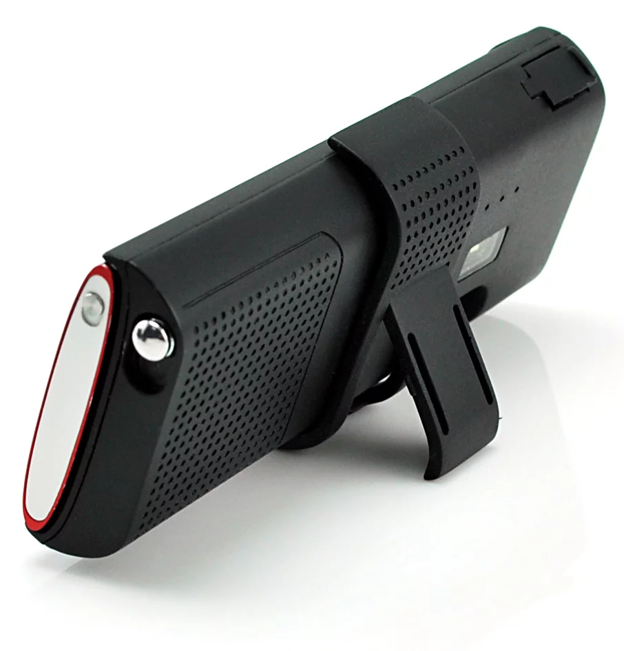 A rear view showing the handy desktop kick stand, the LED light and the antenna