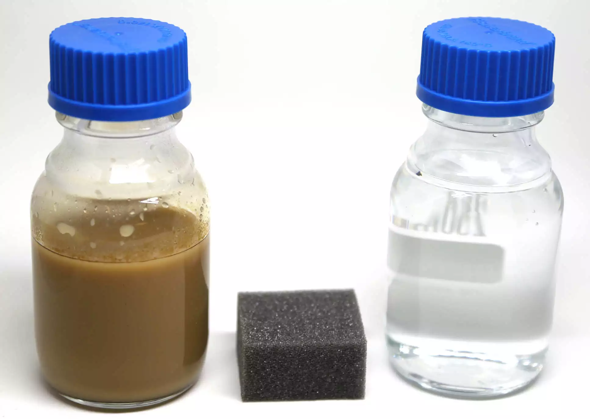 Water before (L) and after (R) treatment with new sponge (center)
