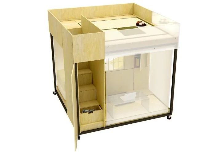 The eight-foot (2.4-meter) cube includes an office, bed, storage and meditation space